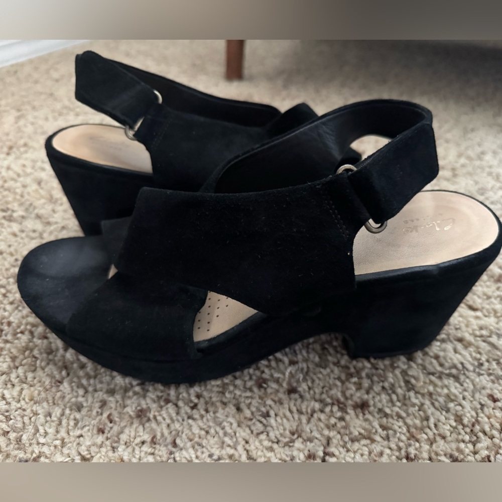 Clarks Black Suede Wedge Sandals